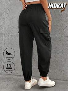 Women'S Drawstring Waist Cargo Pants, Pockets Design, Suitable For Casual, Outdoor, Running, Spring & Autumn Tights Black Sports - Black - View 4