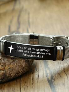 1pc Mesh Cross Scripture Stainless Steel Bracelet For Men, Silver Color, Adjustable Length, Christian - 520 - View 4