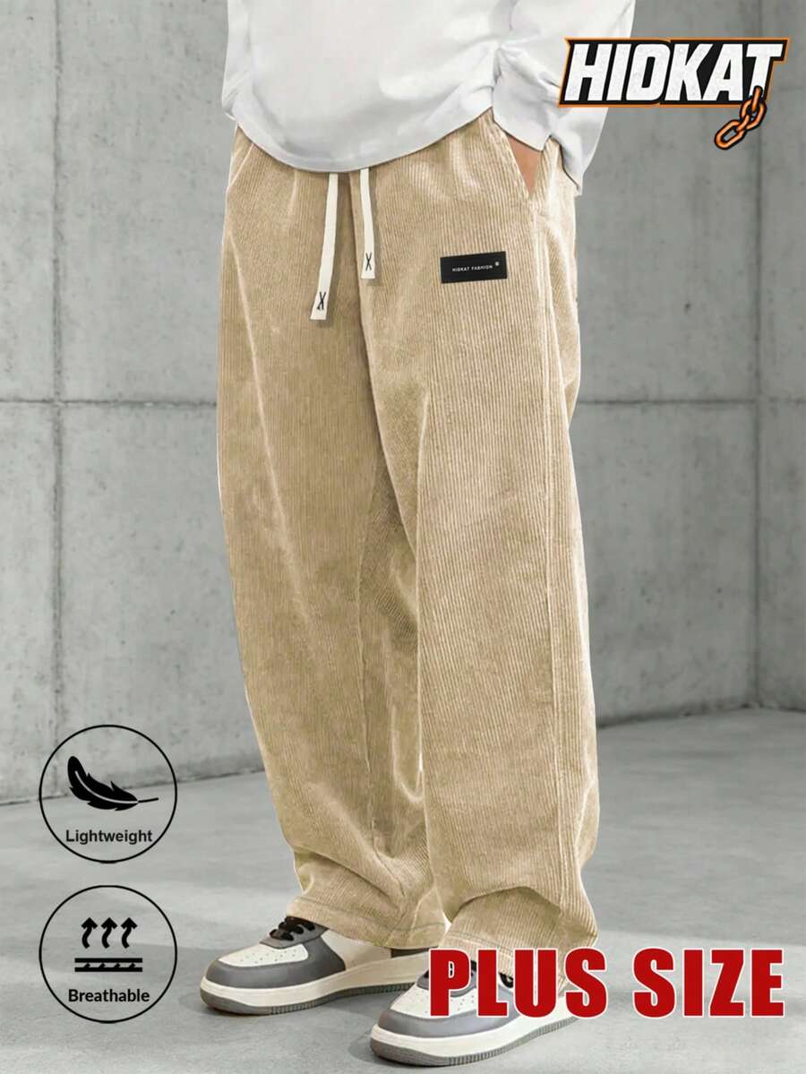 Plus Size Men's Corduroy Straight Leg Retro Pants, Drawstring Elastic Waist, Suitable For Casual, Sports, Hiking Wear, Spring/Autumn