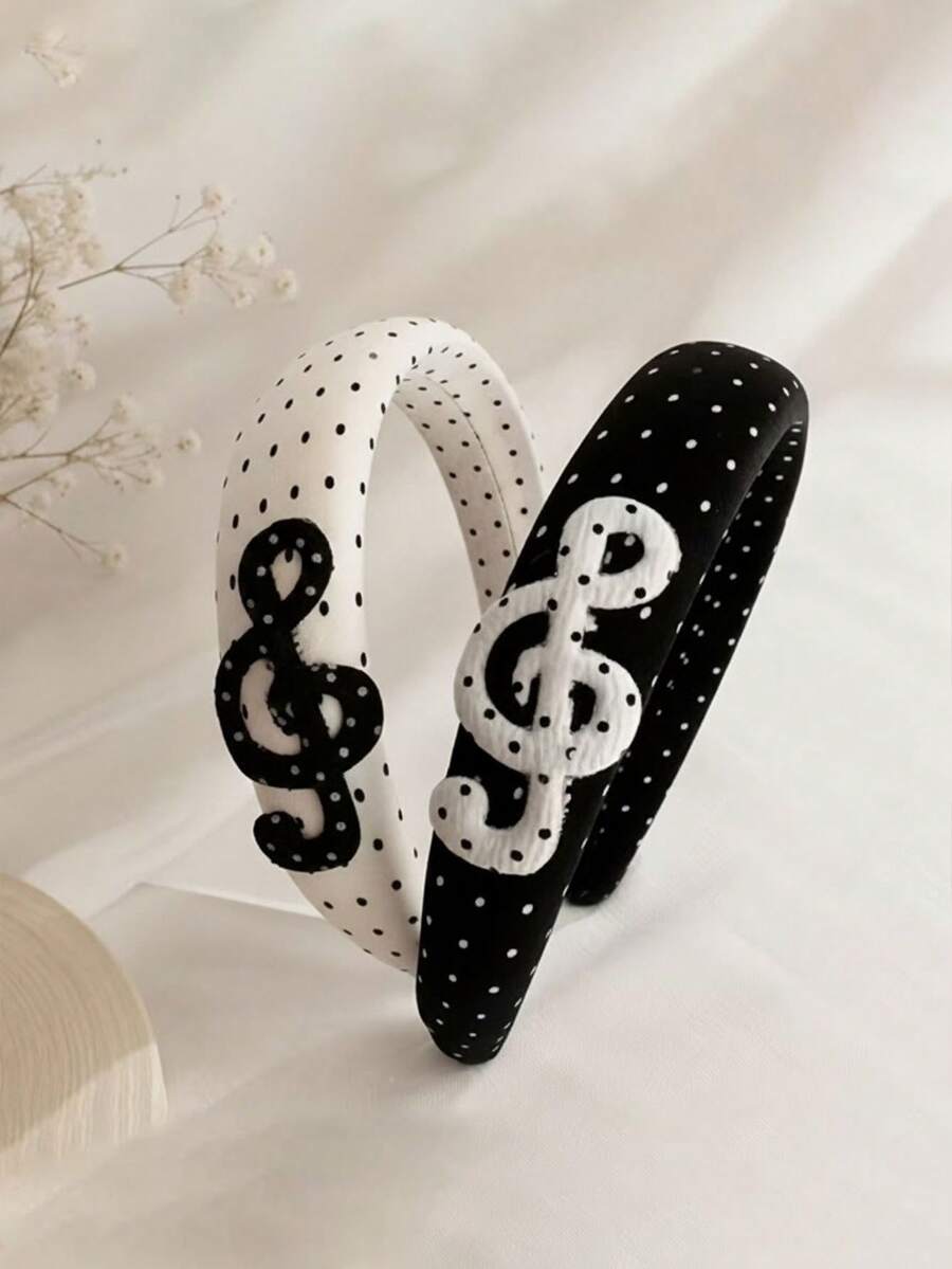 1pc Polka Dot Music Note Headband, Black & White Treble Clef With Star-Shaped Rhinestone Hairband, Suitable For Women's Daily Wear - Multicolor - View 1