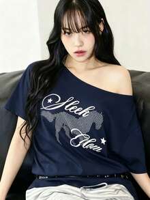 Y2K Print Off-Shoulder Short-Sleeve T-Shirt (Women's), Summer Clothing, 2026 New Arrival, Fashionable Inner/Outer Layer, Relaxed Fit, Slimming Effect, Off-Shoulder, Sexy, Versatile Top - Navy Blue - View 3