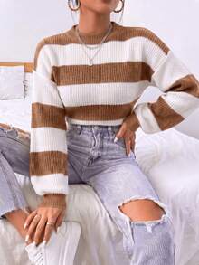Women's Striped Knit Sweater, Cropped Style, Long Sleeves, Round Neck, Dropped Shoulders And Ribbed Trim, Ideal For Autumn. - Unta - View 1