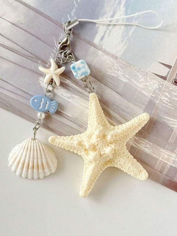 Llavero de verano con estrella de mar y concha de océano, colgante de cuentas de pez azul lindo, estética de playa, animal marino, cordón para teléfono, colgante para bolso, soporte para llaves, regalo