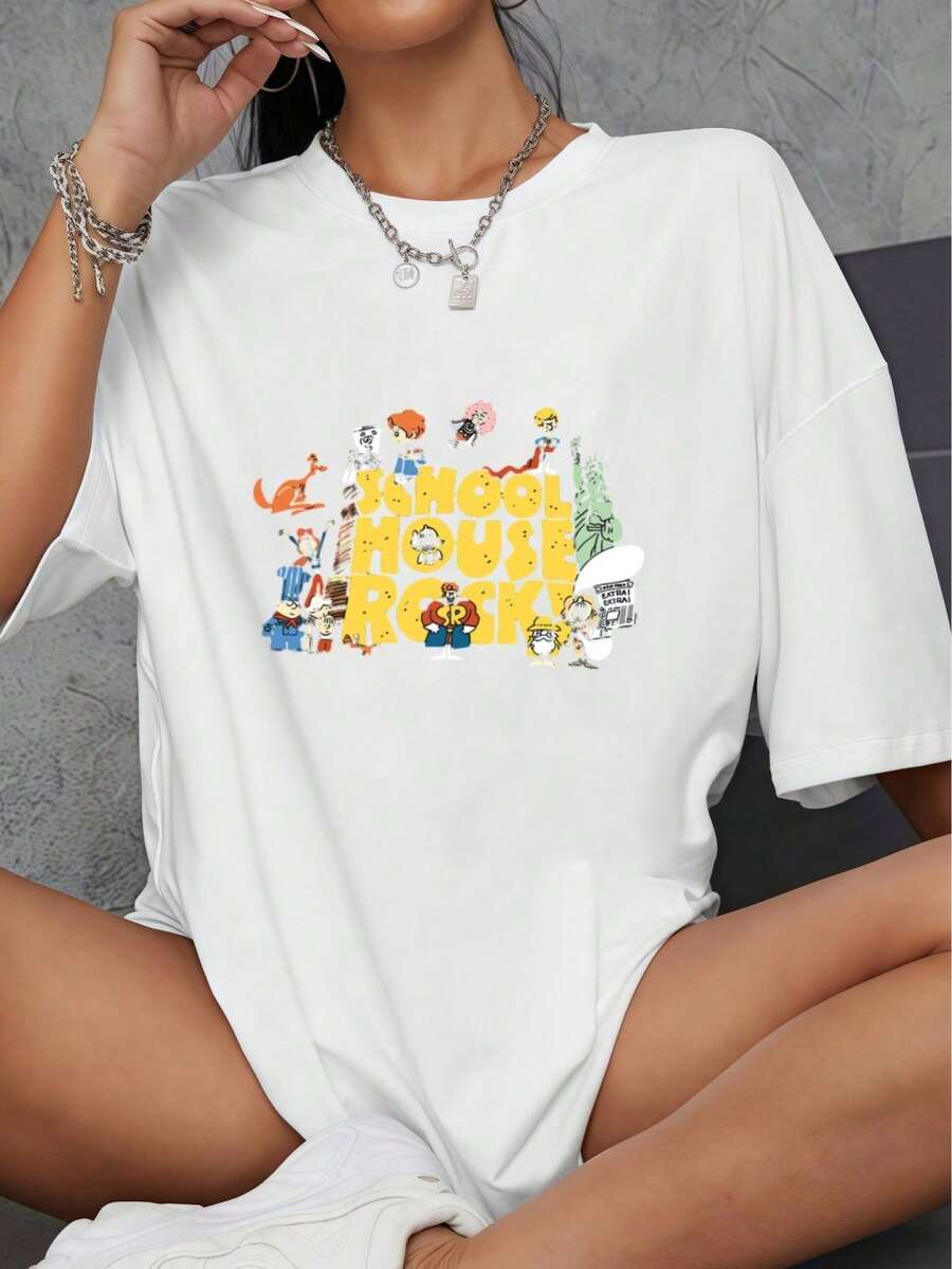 Witllent 1 100% Cotton T-Shirt With Schoolhouse Rock Logo, 70s Retro Style, 220g Thick Cotton T-Shirt For Women, Christmas Gift - 白色 - 查看 1