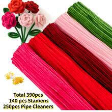 390 pièces de cure-pipes 5 couleurs Kit d'artisanat DIY avec étamines - tiges de chenille violettes, bleues, orange, roses et rouges pour bouquet de fleurs fait main, cadeau de la Fête des Pères & de la remise des diplômes, bouquet de mariée & décoration de la maison - cure-pipes + étamines de fleurs - Voir 18