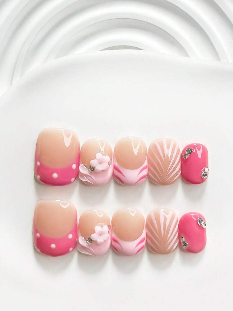 10Pcs Sweet Girl Style Handmade Press On Nail,Polygel Nail Set,Pink Floral Print,Polka Dots,Pink Nail Polish,Cute Style,Includes Nail Tools,3 Sizes Available,Square,Short Square,Almond,Nails For Party,Dance,Daily Wear. - Multicolor - View 12