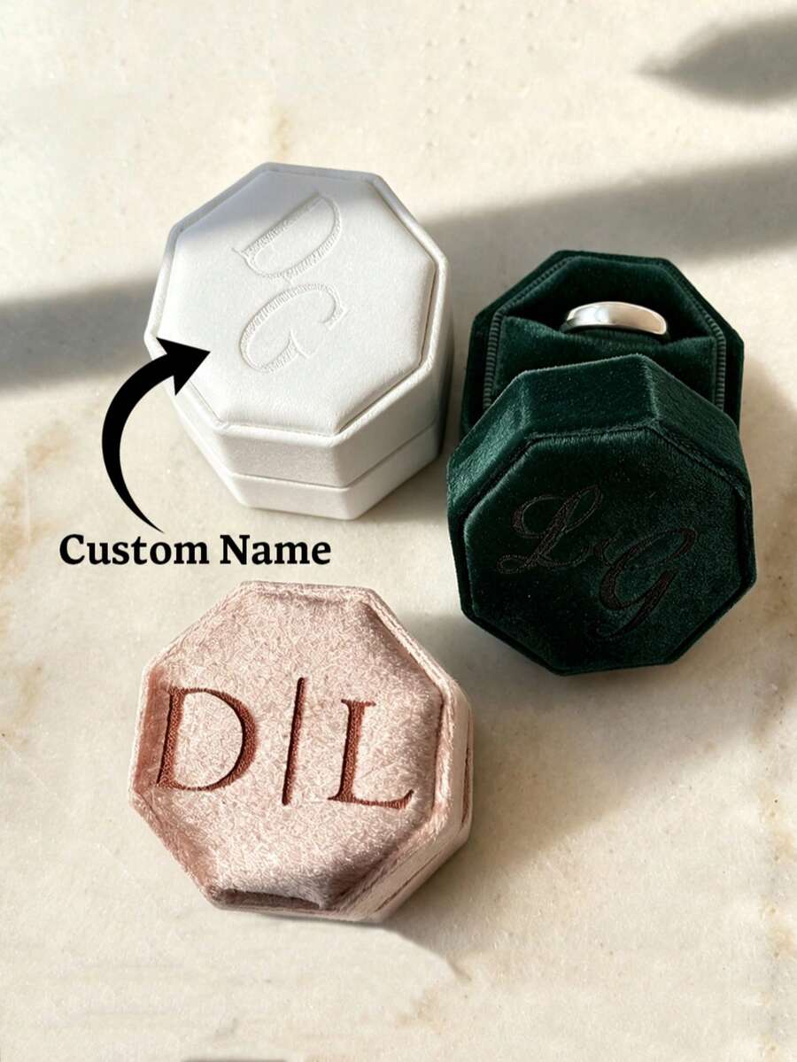 1pc Personalized Octagonal Velvet Ring Box, Customized Letter Combination Ring Holder, Wedding Ring Box, Engagement Ring Box, Anniversary Jewelry Gift Storage Case - Multicolor - View 1
