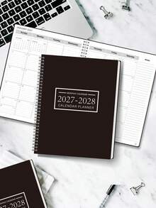 BUBU 1件 2027-2028月曆計畫本，2年期螺旋裝訂桌曆筆記本，含備註區與3頁貼紙頁，大書寫空間，月計畫筆記本，辦公桌配件，返校用品，大學必需品，房間裝飾 - 黑色 - 查看 2