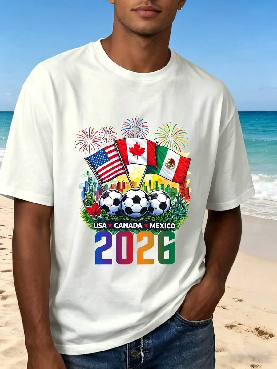 2026 Usa Canada Mexico World Cup Soccer T Shirt With Flags And Fireworks Design Fashion Sporty Casual Wear For Men And Women Perfect Gift For Football Fans Outdoor Events And Parties - 白色 - 查看 1