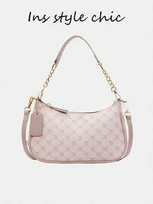 This New Fashion Classic Versatile Letter Pattern Decor Design Solid Color PU Waterproof Fabric Shoulder Bag/Underarm Bag, Suitable For Shopping, Can Be Worn Crossbody. - Pink - View 1