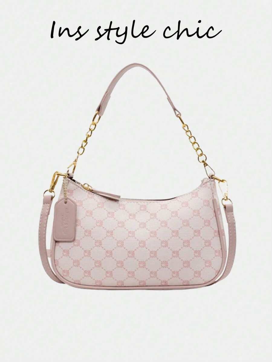 This New Fashion Classic Versatile Letter Pattern Decor Design Solid Color PU Waterproof Fabric Shoulder Bag/Underarm Bag, Suitable For Shopping, Can Be Worn Crossbody. - Pink - View 1
