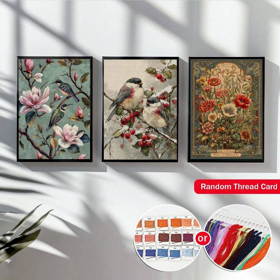 1pc Frameless 14CT Printed Fabric Cross Stitch Kit, Floral And Bird Theme With Lavender, Rose And Pomegranate Patterns, Suitable For Adult Beginners Relaxation DIY, Includes Fabric, Needle, Thread And Chart, Handmade Wall Art Decor Gift, 30x40cm/11.8x15.7in