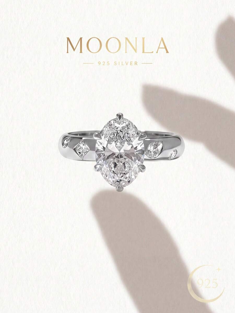 1 pieza Anillo ovalado elegante de plata de ley 925, adecuado para uso diario de mujer, boda, fiesta, regalo del Día de San Valentín - Huevo geométrico - plata - Ver 1
