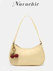 1 pieza de bolso de hombro minimalista para mujer Novachic, con adorno de paja de verano en forma de cereza, cierre de cremallera, estilo retro, bolso de axila, adecuado para diversas ocasio - Amarillo mantequilla - Ver 2