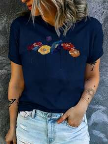 Women's Round Neck T-Shirt, Colorful Flowers Abstract Art Graphic, Casual And Fashionable Style, Suitable For Outdoor Sports And Holiday Gifts - 藏蓝色 - 查看 1