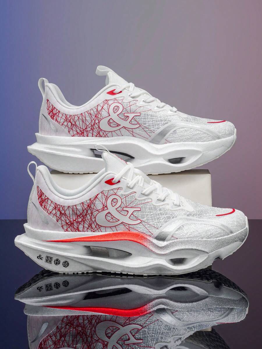 Chaussures de course pour hommes, chaussures de sport polyvalentes à plaque de carbone pour hommes, chaussures de course légères et amorties, chaussures de fitness basses, semelle amortie, conception durable et facile à nettoyer, convient pour la marche, le port décontracté, style sportif minimaliste - Blanc et rouge - Voir 1