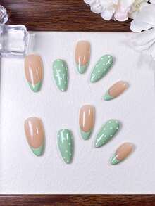 10pcs Handmade Almond Shaped Press-On Nails, Nude Base With Mint Green And White Polka Dot French Tips, Fresh Minimalist Reusable Fake Nail Stickers, Suitable For Spring And Summer Daily Wear - Lime Green - View 4