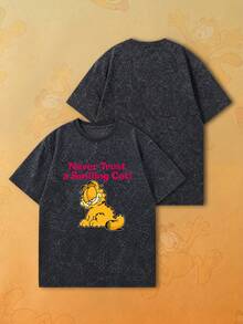 SHEIN | Garfield 女款水洗黑 T-shirt，微笑卡通貓粉色標語印花，寬鬆大尺寸街頭風短袖，適合日常聚會與休閒旅行 - 黑色 - 查看 5