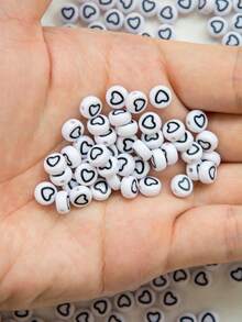 100-1000 pièces Perles en acrylique en forme de cœur, motif cœur avec goutte d'huile blanche et ligne noire, pour la fabrication de bijoux, les loisirs créatifs - Fond blanc avec des lignes noires et une forme de cœur - Voir 4