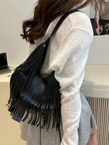 1pc Solid Color Suede Fringe Shoulder Bag, Retro Fashion Large Capacity Commuter Bag, High-Quality Stylish Shoulder Bag - Black - View 4