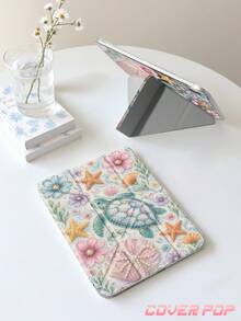 海龜與花卉圖案平板保護殼，相容 iPad Air 8 (M4) 2026 (11 吋) / 2026 (13 吋)、9.7/10.2/10.5/10.9/12.9/Pro 11/A16、第 10 代、Kindle Paperwhite 第 12 代 2024、Kindle (第 11 代 - 2024 發行)，柔軟防震，智慧休眠/喚醒功能，Y 型折疊平板保護殼，多角度視角 - 彩色 - 查看 3