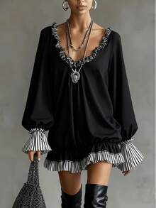 Retro Bohemian Elegant Loose Splice Black & White Striped Short Dress, Comfortable Casual Spring/Summer/Autumn - Black - View 1