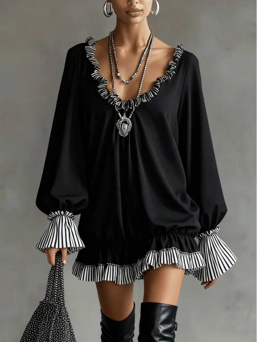 Retro Bohemian Elegant Loose Splice Black & White Striped Short Dress, Comfortable Casual Spring/Summer/Autumn - Black - View 1