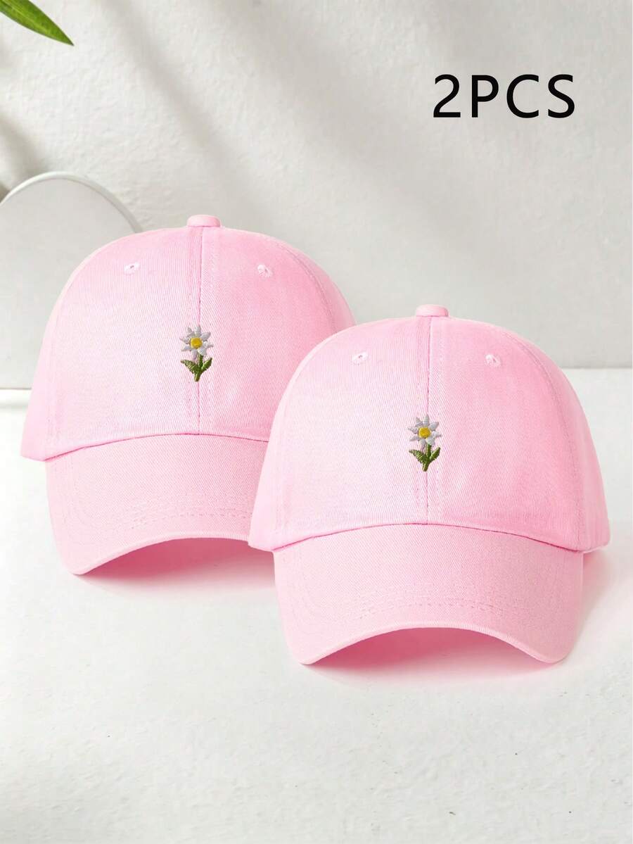 2件裝中性Y2K風格刺繡花卉棒球帽，戶外日常通勤極簡Y2K鴨舌帽，青少年時尚遮陽帽 - 粉紅色+粉紅色 - 查看 1