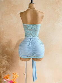 Nuevo vestido mini ajustado con dobladillo con cordón, estilo bohemio para fiesta, banquete, vacaciones, crucero, playa, con encaje twist bandeau, rosa transparente vintage - Celeste - Ver 2