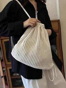 女款編織網格抽繩後背包 波西米亞風鉤針手提包 休閒沙灘包 適合返校季 - 彩色 - 查看 7