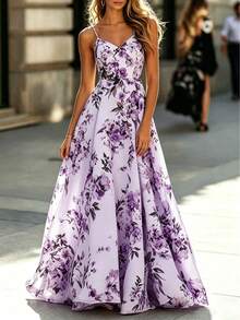 Full Length Floral & Leaf Print Maxi Dress, Suitable For Wedding Vacation Party - Violet Purple - View 2