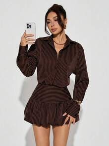 PETITE Conjunto casual para mujer, atuendos de otoño para mujer, falda de burbujas marrón y blusas, rayas marrones - Negro - Ver 8