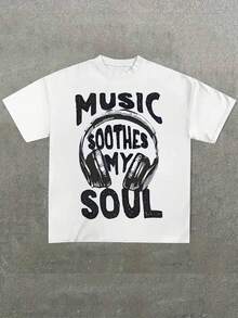Men's Plus Size T-Shirt, Music Calms My Soul, (1 Piece) 100% Cotton, Casual Printed T-Shirt, Crew Neck, Short Sleeve, 220g Cotton T-Shirt, For Going Out, Gift, See - 白色 - 查看 1