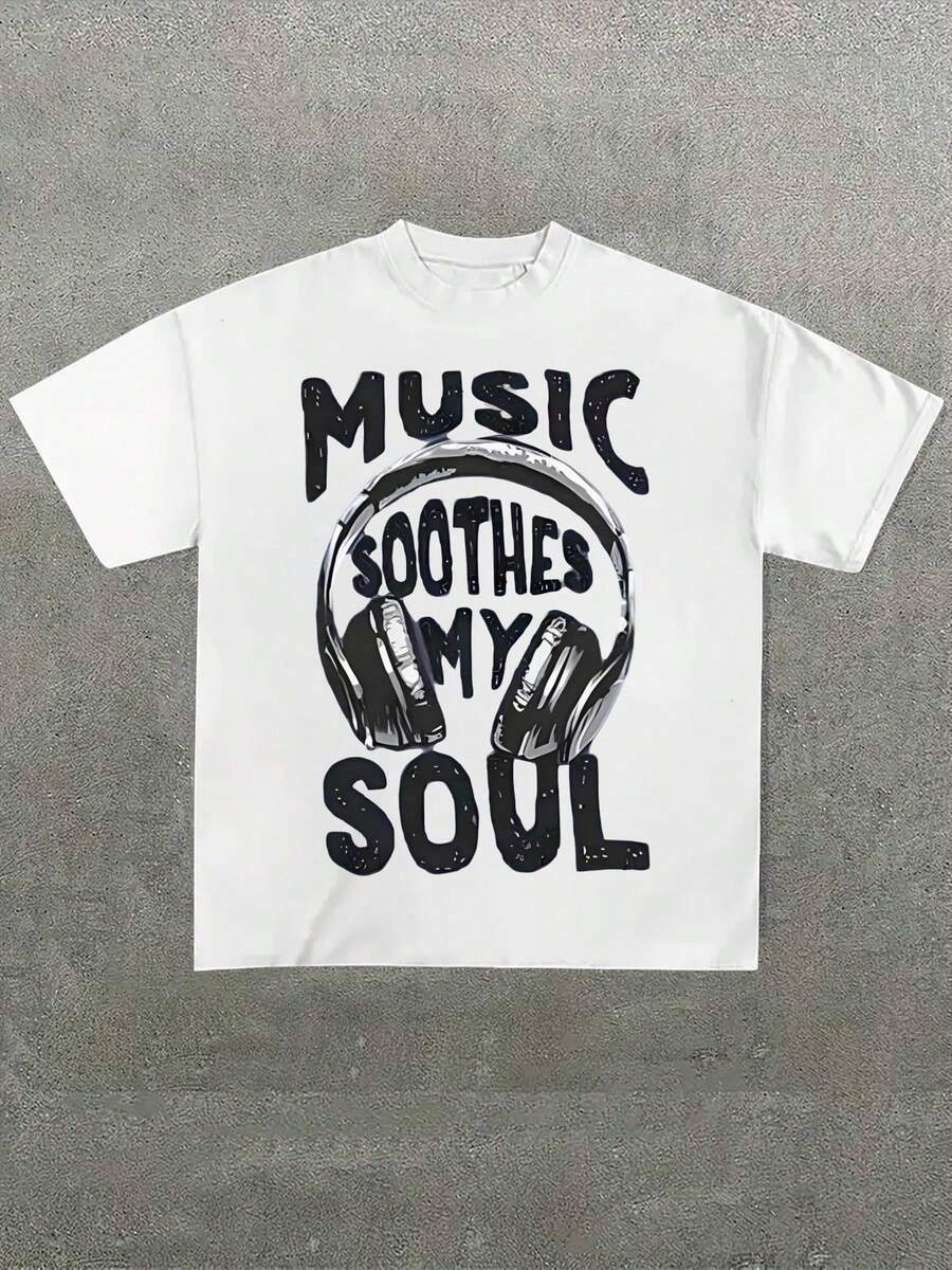 Men's Plus Size T-Shirt, Music Calms My Soul, (1 Piece) 100% Cotton, Casual Printed T-Shirt, Crew Neck, Short Sleeve, 220g Cotton T-Shirt, For Going Out, Gift, See - 白色 - 查看 1
