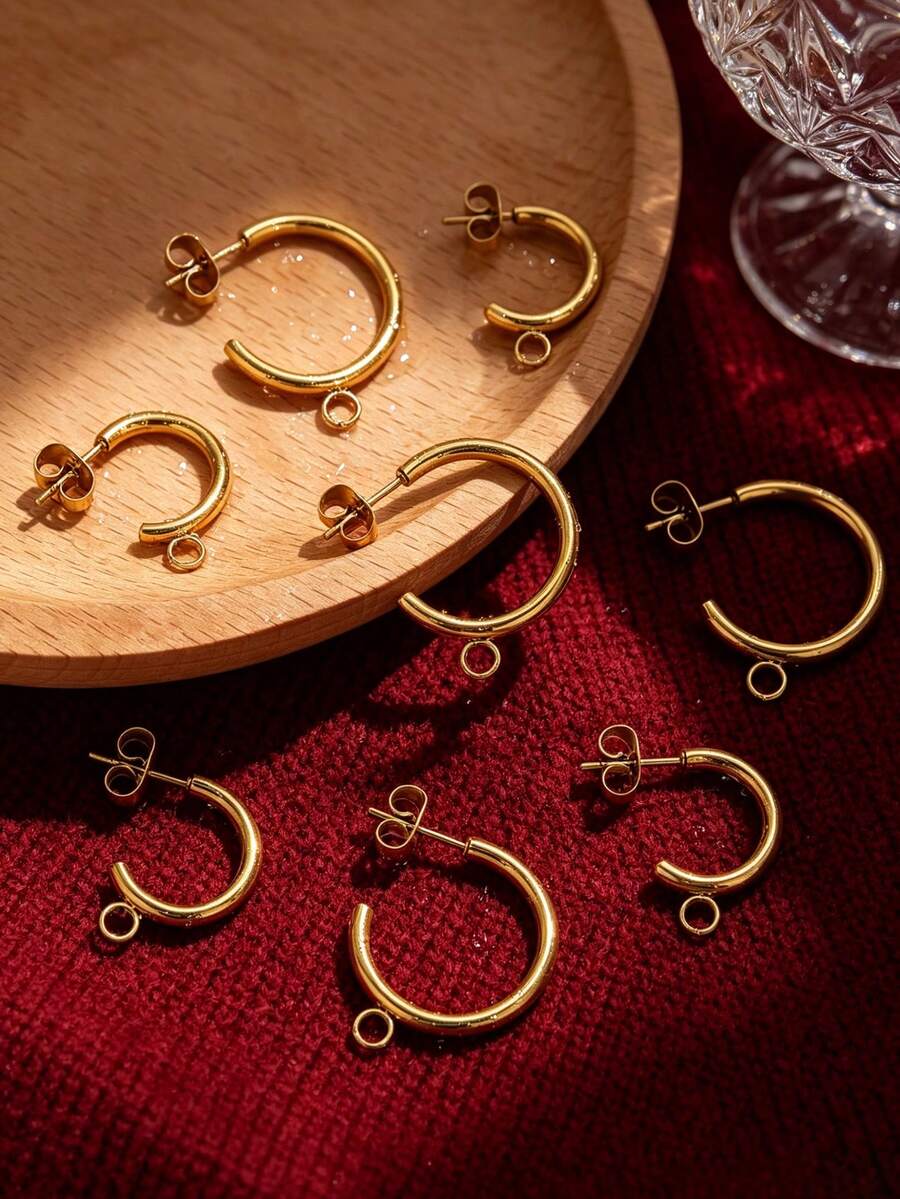 6Pcs 304 Stainless Steel 18K Gold Plated C-Shaped Open Circle Stud Earrings With Jump Ring, DIY Earring Making Supplies/Waterproof And Colorfast - Earrings - View 1