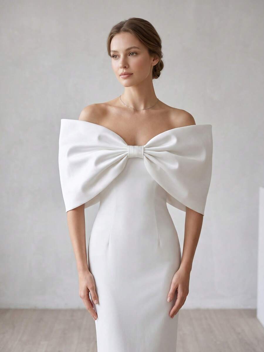 1pc White Satin Exaggerated Wedding Bridal Fluffy 3D Bow Shawl Accessory
