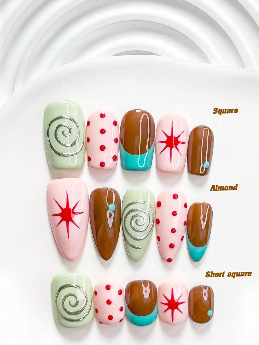 10片甜美風手工穿戴甲,Poly Gel美甲套組,波點與線條設計,粉色、棕色、藍色與紅色指甲油,清新風格,附美甲工具,3種尺寸可選,方形、短方形、杏仁形,適合派對、舞蹈、日常穿戴 - 彩色 - 查看 1