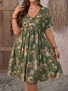 Vestido de verano con estampado floral, escote en V y manga corta para mujer de talla grande, estilo campo - Azul marino - Ver 11