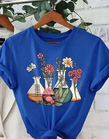 Gift 1 Women's T-Shirt 100% Breathable Cotton [Scientific Floral Print Shirt] Women's Scientific And Botanical Laboratory Floral Print Shirt - 藍色 - 查看 1
