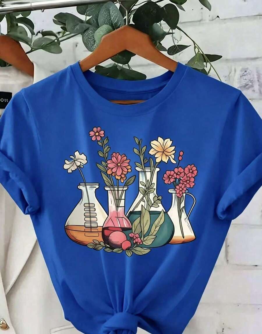 Gift 1 Women's T-Shirt 100% Breathable Cotton [Scientific Floral Print Shirt] Women's Scientific And Botanical Laboratory Floral Print Shirt - 藍色 - 查看 1