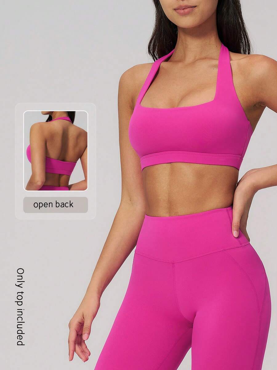 NcmRyu 1pc Women's Solid Color Halter Neck Backless Sports Camisole With Removable Pads - Hot Pink - View 1