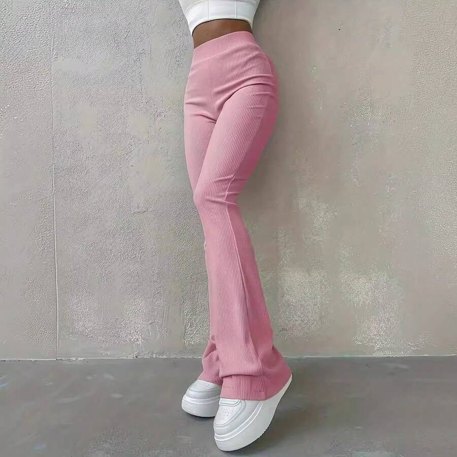 Leggings casuales populares de canalé, corte ajustado y sencillo, pantalones de moda de cintura alta en color sólido. - Plateado - Ver 1