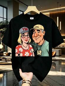 Nueva colección de parejas Camiseta con Ilustración de Pareja con Gorras YM y Smilso - Ropa Casual para Hombre, Regalo para Día del Padre, Estilo Mexicano - Negro - Ver 2