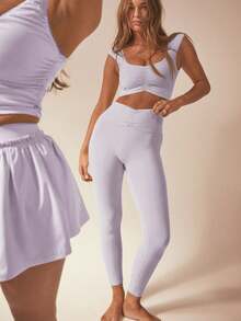 Conjunto deportivo de top corto fruncido y mallas de unicolor para mujer - Lila Púrpura - Ver 1