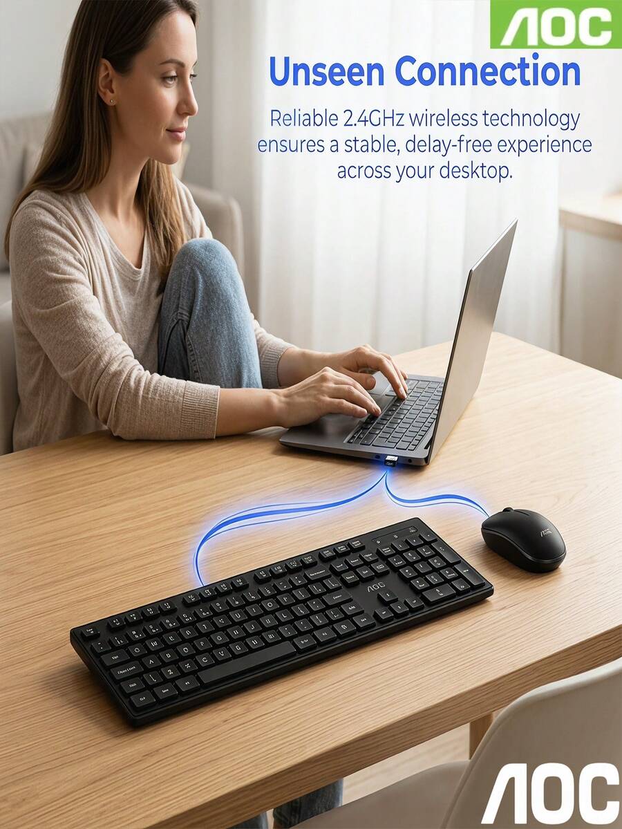 1 Set Combo de Teclado y Ratón Inalámbrico AOC KM300, Diseño Delgado, Oficina de Negocios/Hogar, Conjunto Clásico de Moda, Conjunto de Teclado y Ratón Minimalista, Ligero Portátil Duradero, Compatible con Múltiples Dispositivos - Ver 1