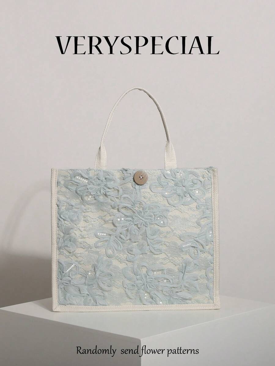 Bolso de mano de lino con bordado de malla con lentejuelas y patchwork floral azul claro, bolso tote de gran capacidad con patrón floral horizontal cuadrado, adecuado para vacaciones casuales (patrón floral distribuido aleatoriamente)
