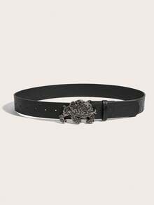 1pc Women's Western Cowgirl Antique Gold Vintage Buckle Printed Leather Belt, Suitable For Daily Wear - Black - View 2