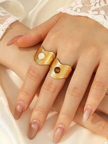 2pcs Stainless Steel 304 Material Women's 18K Gold Plated Open Adjustable Wide Band Ring, Wavy Texture Ring Face Inlaid With Natural Shell Tiger Eye Stone Vintage Personalized Open Ring, Suitable For Daily, Party, Date Wear - Yellow Gold - View 1