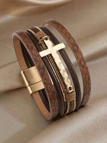 1 pieza Pulsera envolvente de cuero PU vintage con capas y colgante de cruz, estilo bohemio minimalista unisex, para uso diario/verano/fiesta, regalo para mamá, San Valentín y cumpleaños - Multicolor - Ver 6