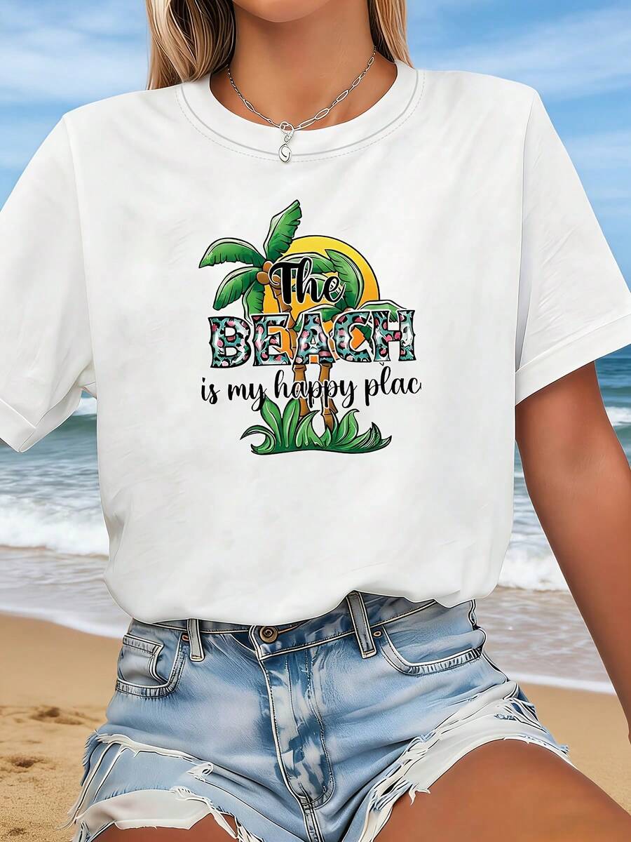 Premium Beach Enthusiast: The Beach Is My Happy Home. THE BEACH Is My Happy Place: Wear Comfort On Your Body. Women's Plus Size Casual Fashion T-Shirt With Print, C - 白色 - 查看 1